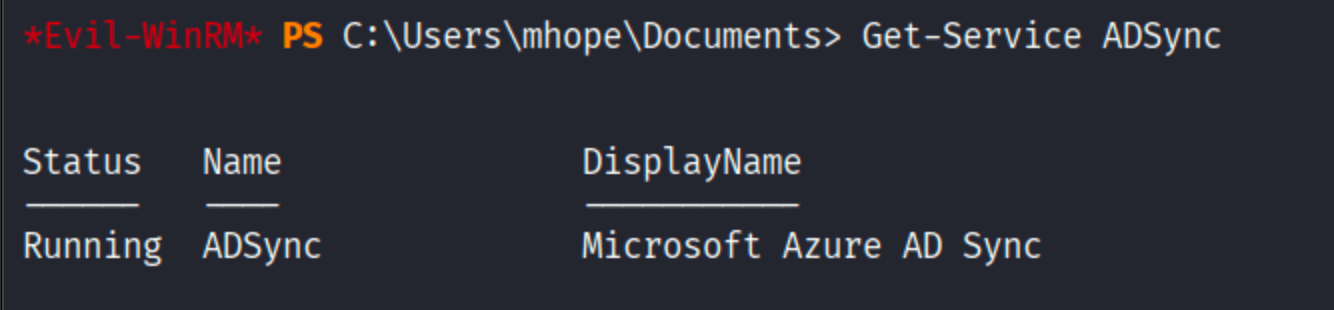 Get-Service ADSync showing Status Running Name ADSync DisplayName Microsoft Azure AD Sync