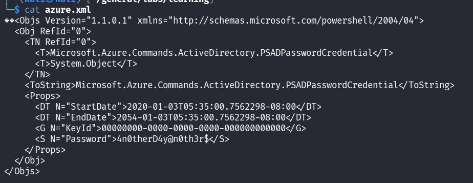 cat azure.xml showing a PSADPasswordCredential object with password 4n0therD4y@n0th3r$ in plaintext