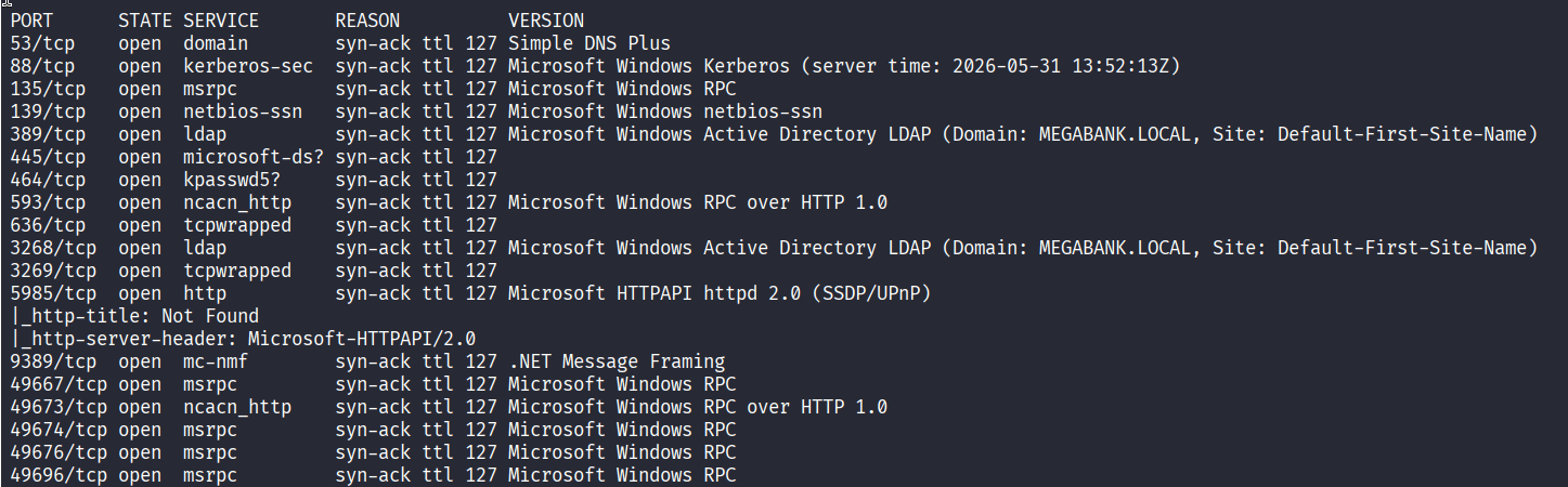 nmap scan showing ports 53 88 135 139 389 445 464 593 636 3268 3269 5985 9389 open, confirming a Windows Domain Controller with MEGABANK.LOCAL domain