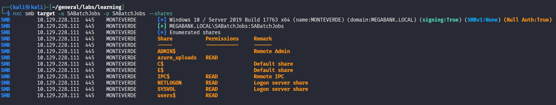 nxc smb share enumeration as SABatchJobs showing azure_uploads READ users$ READ IPC$ NETLOGON SYSVOL accessible