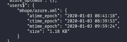 spider_plus JSON output showing mhope/azure.xml file 1.18 KB in the users$ share