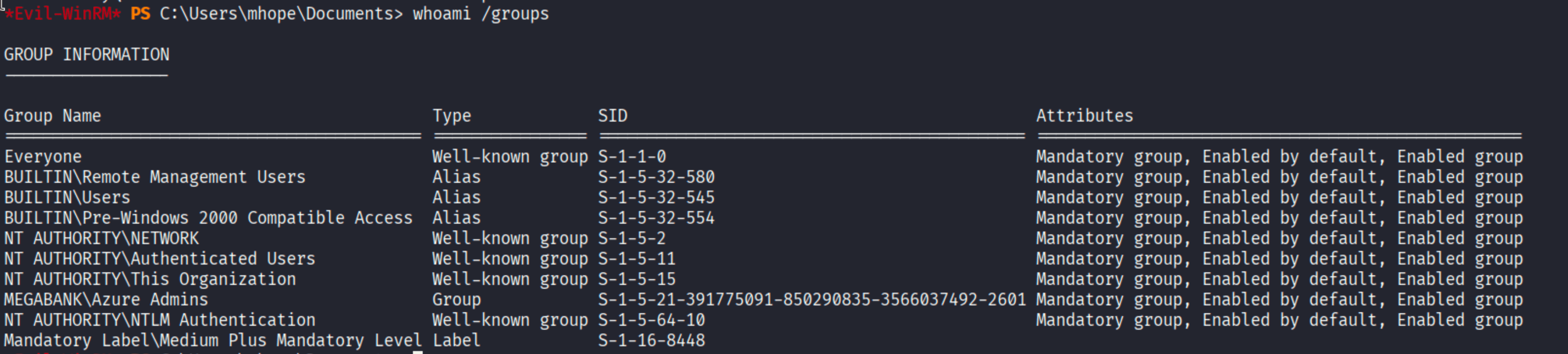 whoami /groups output showing mhope is a member of MEGABANK\\Azure Admins group