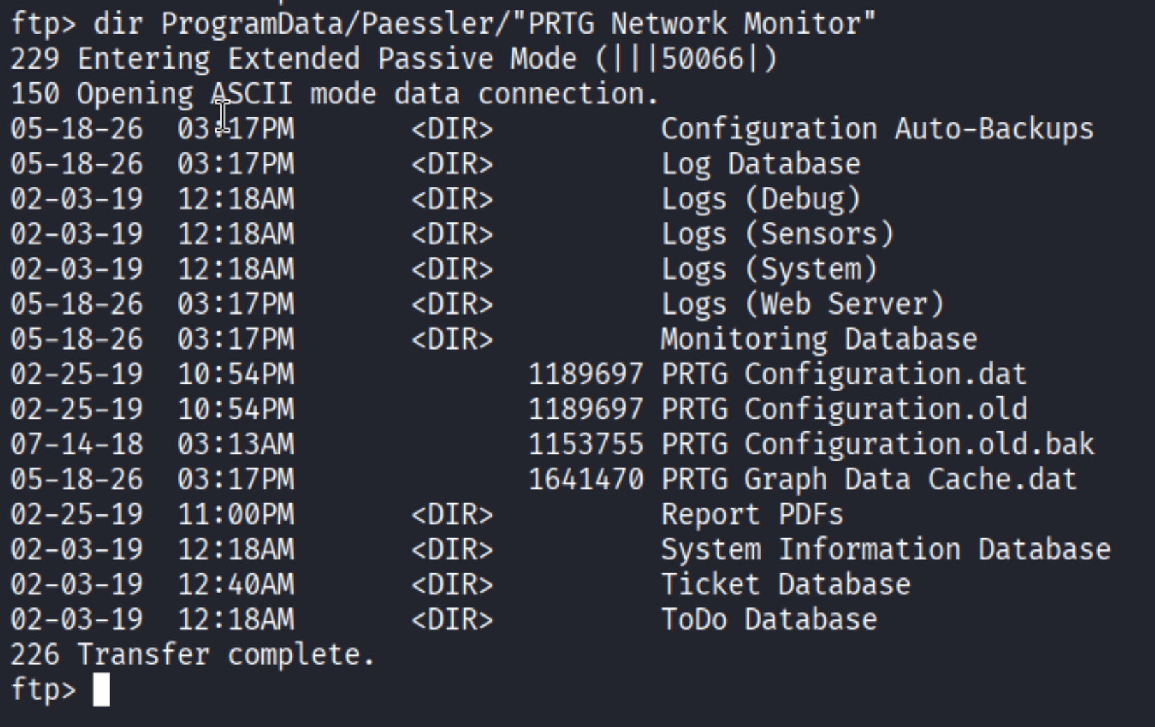 ftp dir listing: PRTG Configuration.dat, PRTG Configuration.old, PRTG Configuration.old.bak with dates 2019/2019/2018