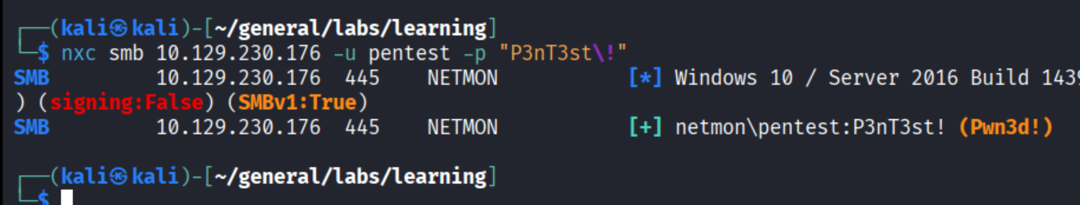 nxc smb result: Pwnd! for netmon\\pentest
