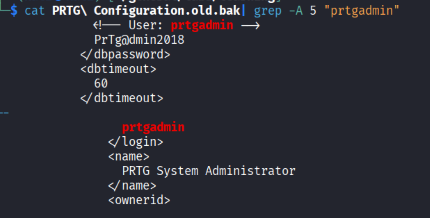 grep output showing prtgadmin user with password PrTg@dmin2018