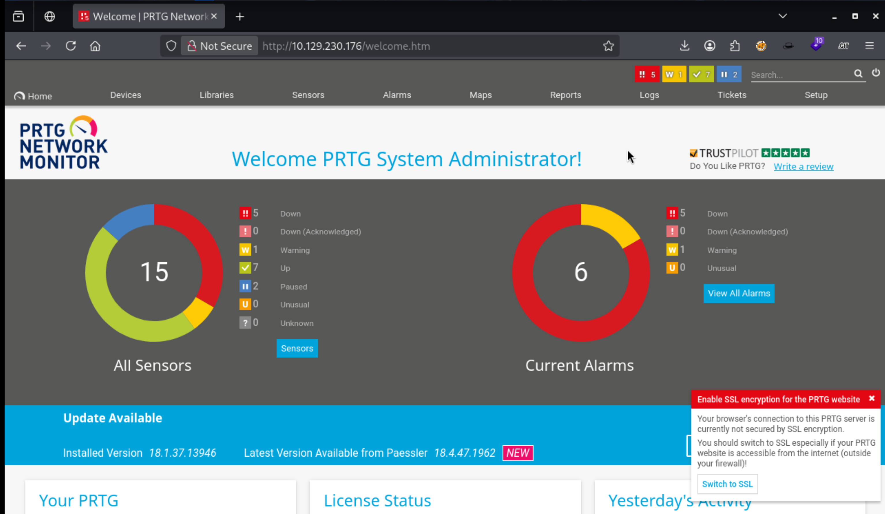 PRTG Network Monitor dashboard - Welcome PRTG System Administrator, logged in successfully