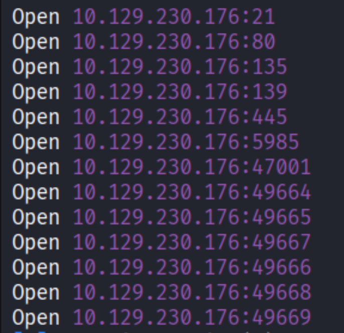 RustScan output: ports 21, 80, 135, 139, 445, 5985, 47001, 49664-49669 open
