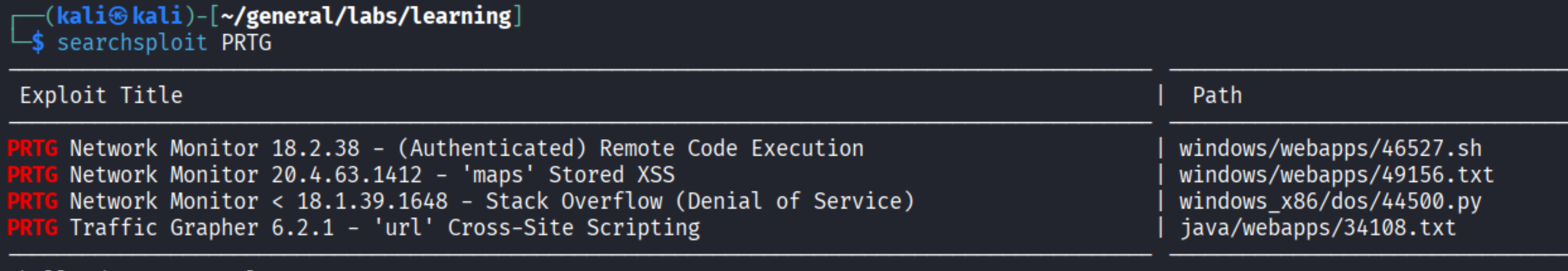 searchsploit output: PRTG Network Monitor 18.2.38 authenticated RCE (windows/webapps/46527.sh)