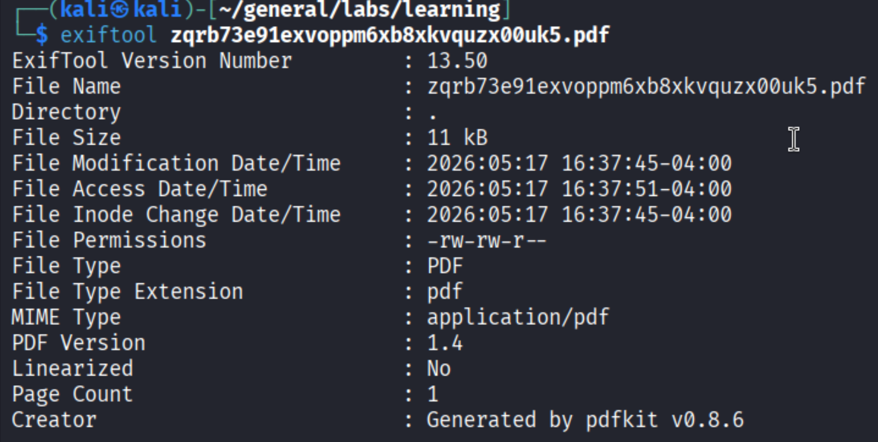 exiftool output showing pdfkit v0.8.6