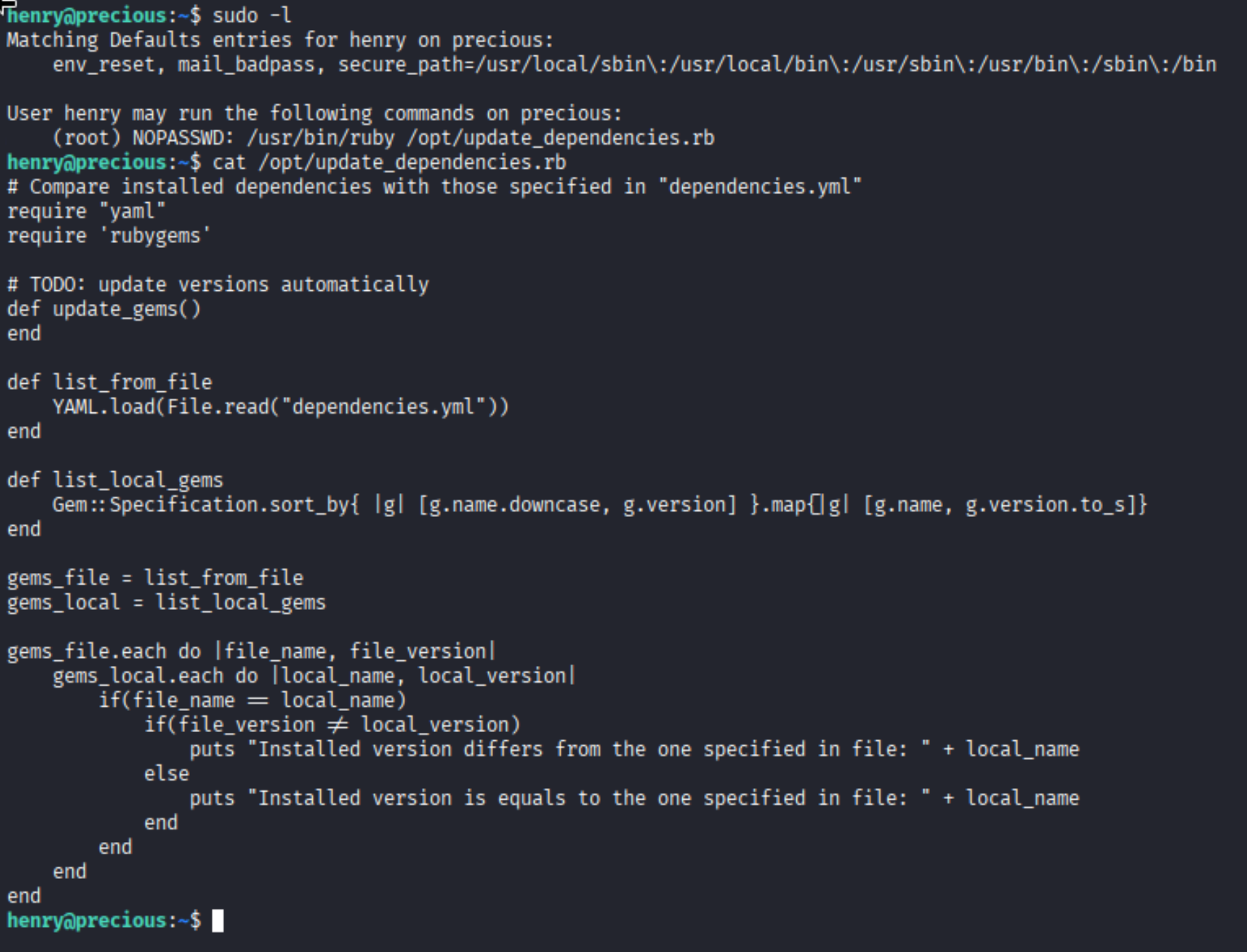 sudo -l and update_dependencies.rb script