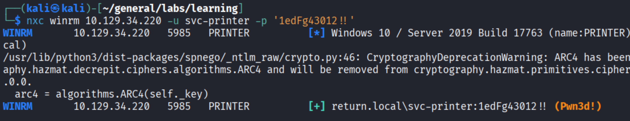nxc winrm result: Pwnd! for return.local\\svc-printer