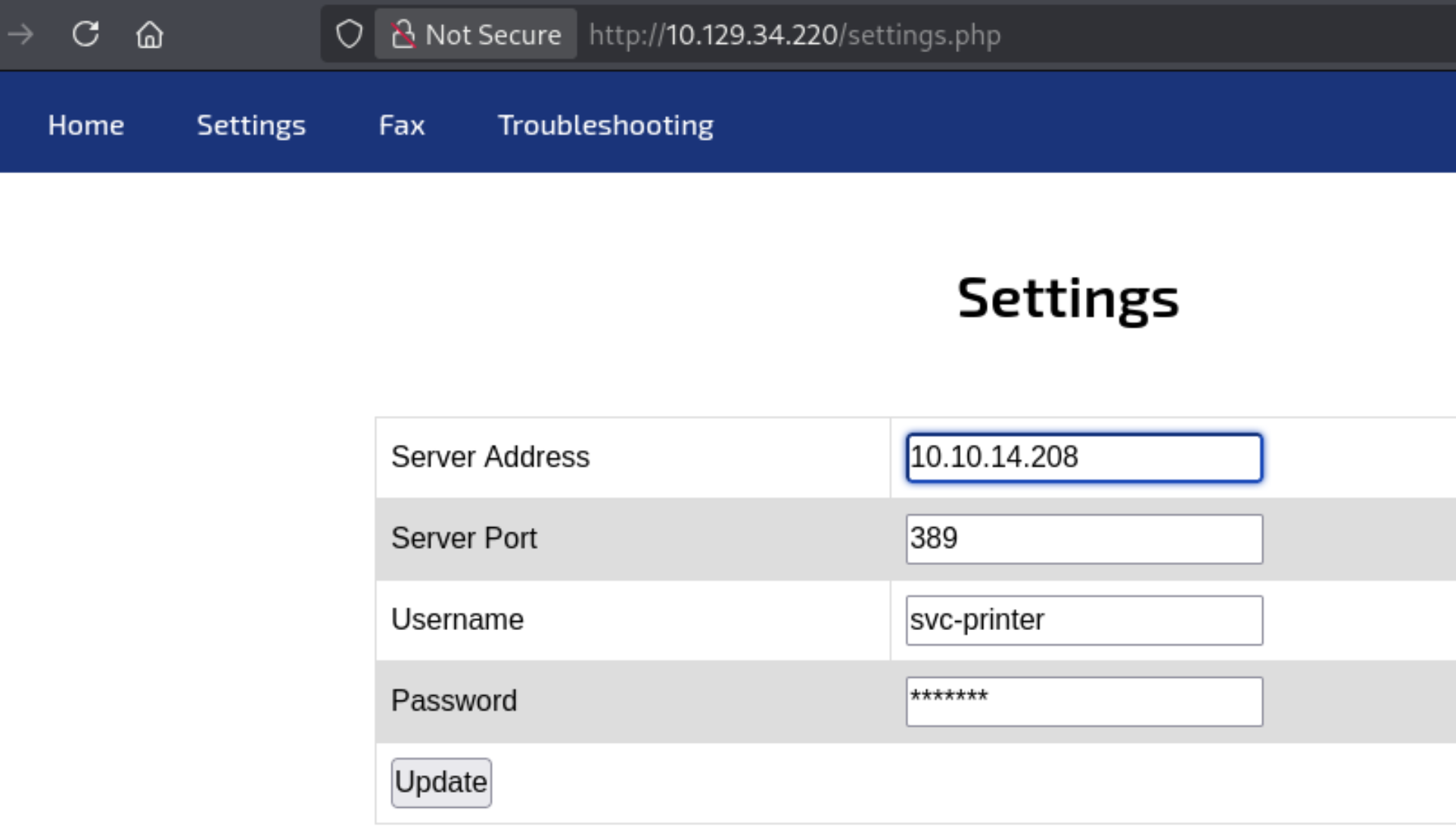settings.php showing Server Address field (currently 10.10.14.208), Server Port 389, Username svc-printer, Password masked