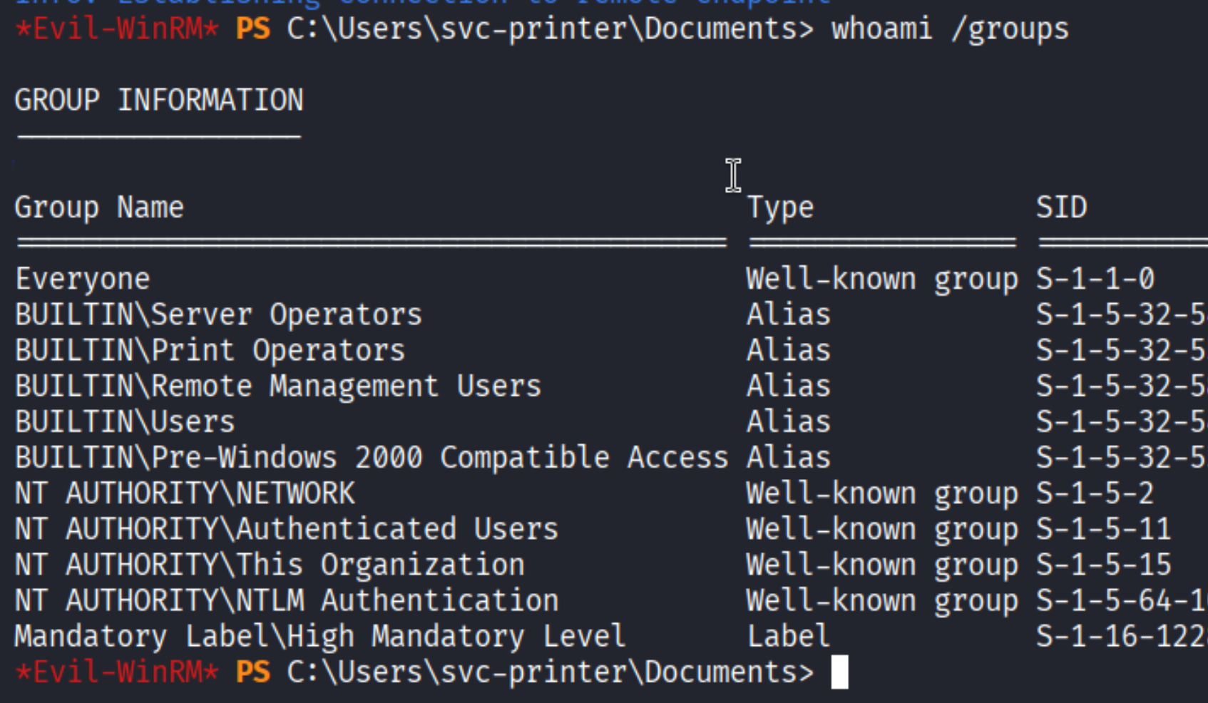 whoami /groups showing BUILTIN\\Server Operators membership