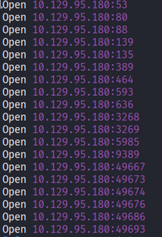 port scan results showing ports 53, 80, 88, 135, 139, 389, 445, 593, 636, 3268, 5985 open on 10.129.95.180