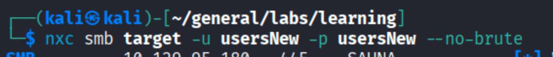 nxc smb command testing username=password login with --no-brute flag against SAUNA