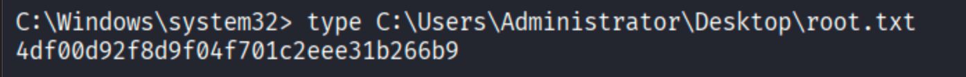 root.txt on Administrator desktop: 4df00d92f8d9f04f701c2eee31b266b9
