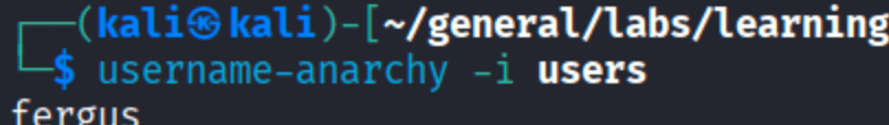 username-anarchy -i users generating username variations, showing 'fergus' as the first result