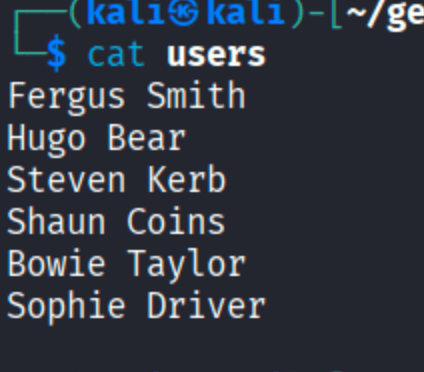 text file listing six full names: Fergus Smith, Hugo Bear, Steven Kerb, Shaun Coins, Bowie Taylor, Sophie Driver