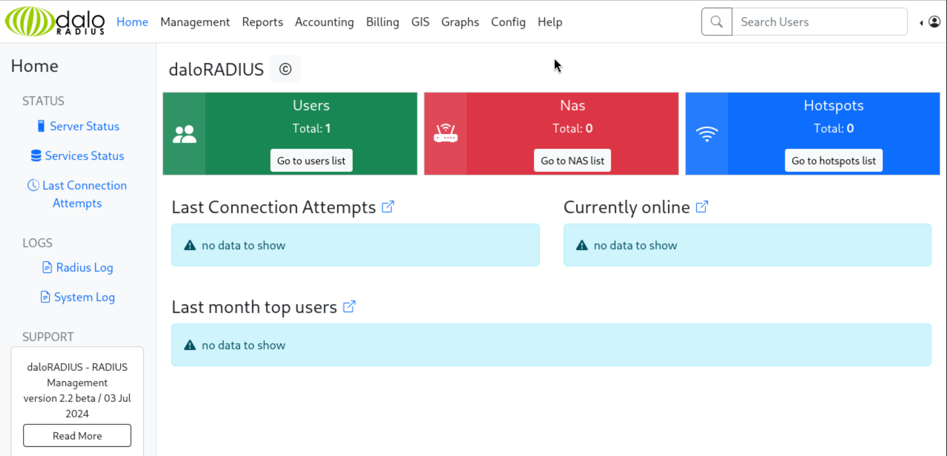 daloRADIUS dashboard after login