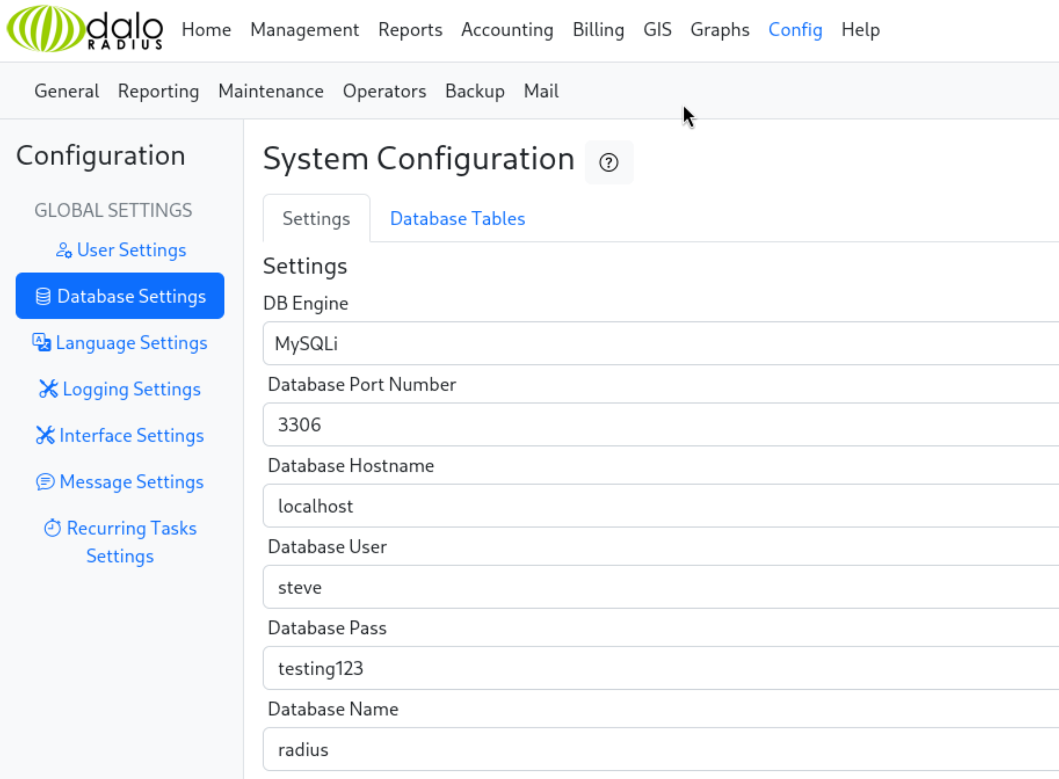 Database settings page