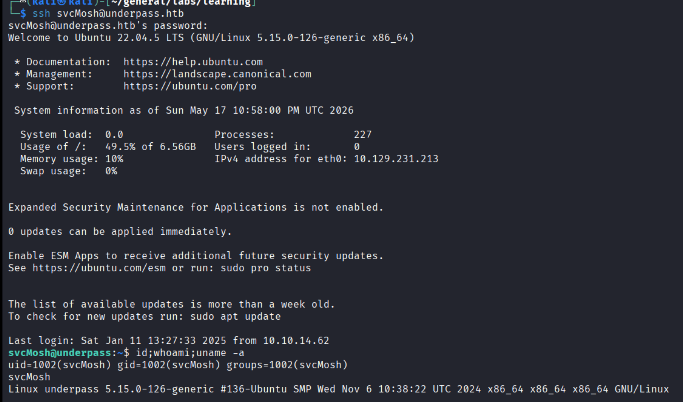 SSH login as svcMosh