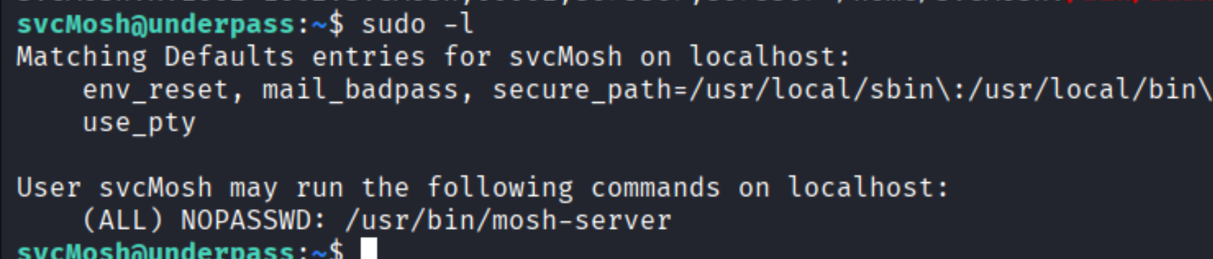 sudo -l showing mosh-server without password