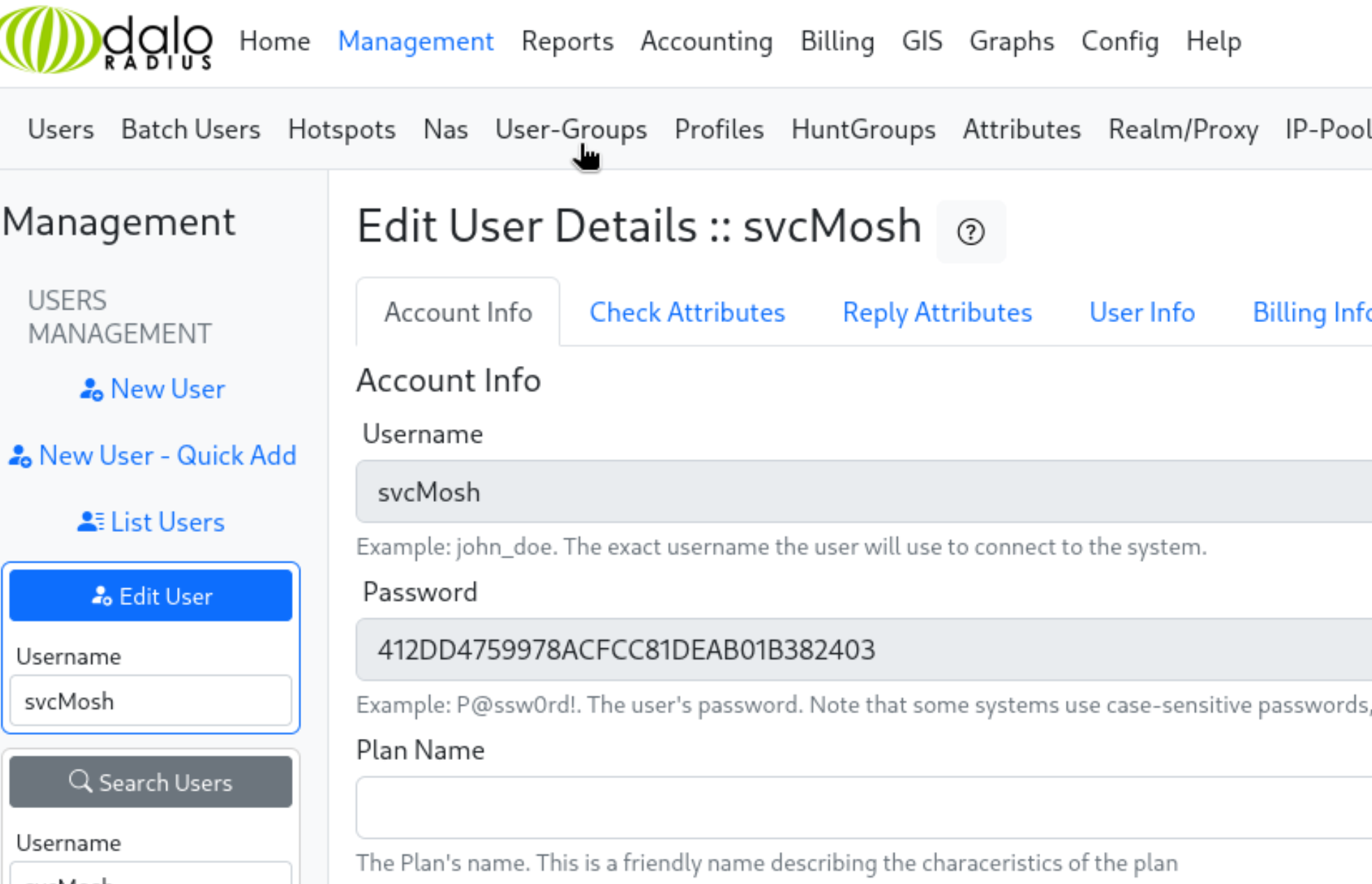 svcMosh user with MD5 hash